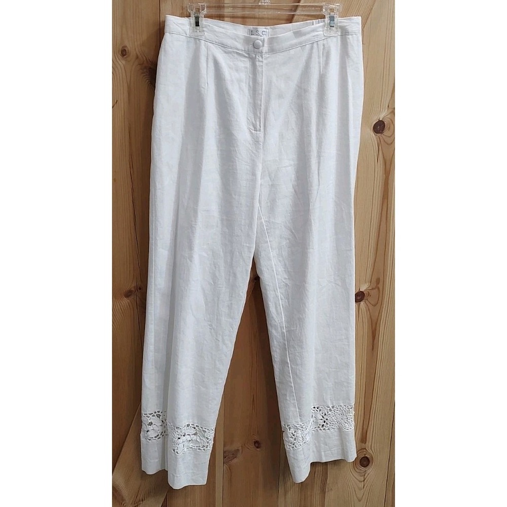 ISC Women Linen Blend Wide Leg LACE Pants White Sz Large Lined Stretch Waist